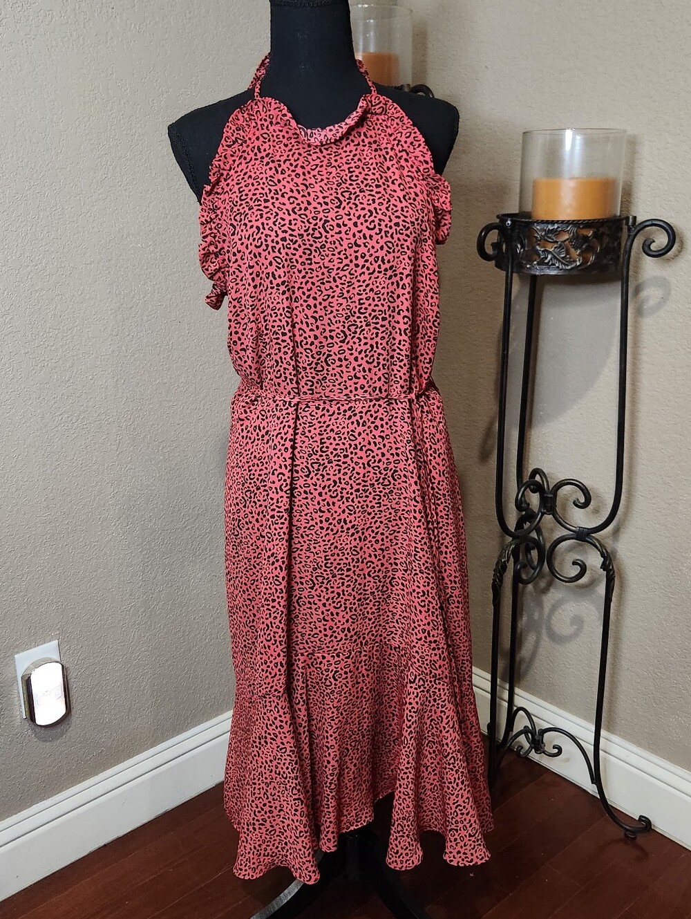 Who What Wear NWT Baby Leopard Mock Halter Ruffled Midi Dress Size L